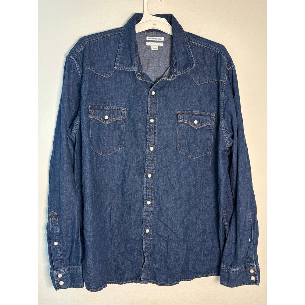 Amazon Essentials Mens Denim Western Shirt Dark Wash Pearl Snap XXL Regular